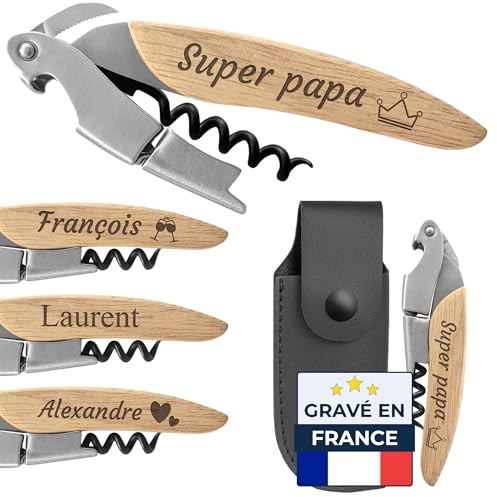 KDO MAGIC - Tire bouchon Personnalisé Acier inoxydable (Modèle Papa) | Idée cadeau homme, fête des pères, papa, anniversaire | Tire-bouchon sommelier bois | Décapsuleur avec prénom gravé