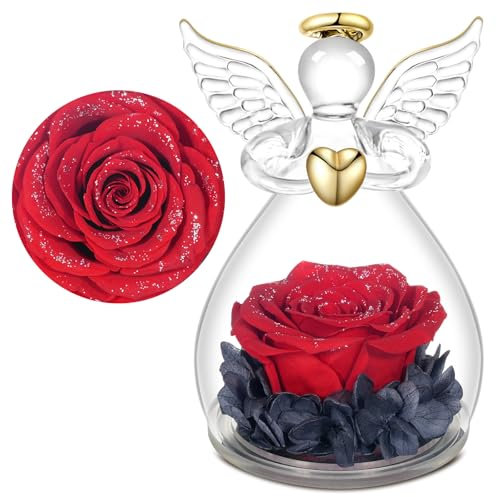 Yamonic Ewige Rose Engel Geschenke für Mama,Ewige Rose im Glas Engel Figur Geschenke für Frauen,Engel mit Rose Geburtstagsgeschenk für Frauen,Oma Geschenk,Schutzengel Weihnachten Muttertagsgeschenk