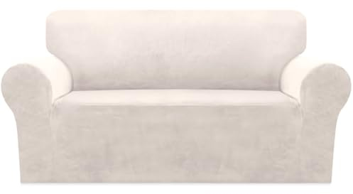 CLGTY Stretch sofabezug, samt Sofa überzug 3 Sitzer mit Anti-Rutsch-Schaumstoffe und elastischem Boden Couch überzug Weich Sofahusse für Hund-Creme-3 Sitzer