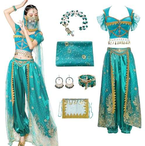 bi bi hou Damen Prinzessin Jasmin Kostüm mit Zubehör Prinzessin Aladdin Kostüm Arabische Prinzessin Verkleidung Bauchtanz Outfit Halloween Karneval Party Bühnenauftritt Kostüm für Erwachsene