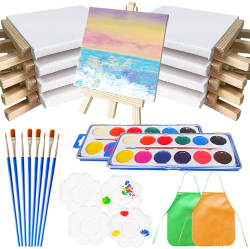 Lot de 32 mini toiles et chevalets XingyLi 8 petits tableaux d'art en toile avec 8 chevalets triangulaires d'artiste, 8 pinceaux, 4 palettes de mélange, 2 tabliers de peinture et 2 peintures