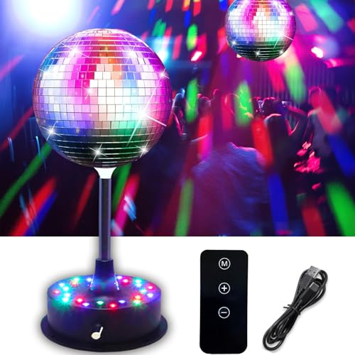6'' Mirror Disco Ball with 24 LEDs Remote Control 5-9 RPM Adjustable Rotating Motor Base Disco Lamps Ceiling Decor for Show Party Dancing Hall Club Ktv Nightclubs Bars（Includes Remote Controler