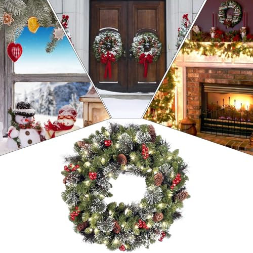 Weihnachtskranz, beleuchtete Weihnachtskränze für Haustür, 40 cm, künstliche, mattierte Tannennadel-Winterkränze mit Beeren und Tannenzapfen, Outdoor-Weihnachtsdekorationen für Fensterkamin