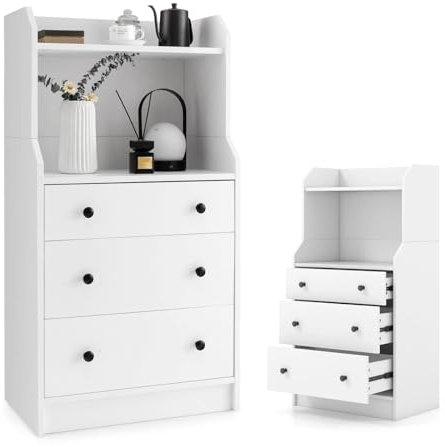 KOMFOTTEU Kommode aus Holz, 3 Schubladen, halboffenes Fach, oberes Regal, Aufbewahrungsmöbel, Kippschutz, Aufbewahrungsschrank für Schlafzimmer, Wohnzimmer, 58 x 36 x 111 cm, Weiß