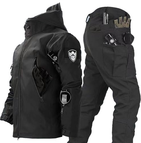 RVUEM Schwarz,XL, 2-Teiliger Snowboard Schneeanzug Softshell Jacke FüR Herren MilitäRische Bekleidung, Kampfanzug Outdoor Skianzug Taktische Jacke Und Hose FüR Skifahren Outdoor Sport