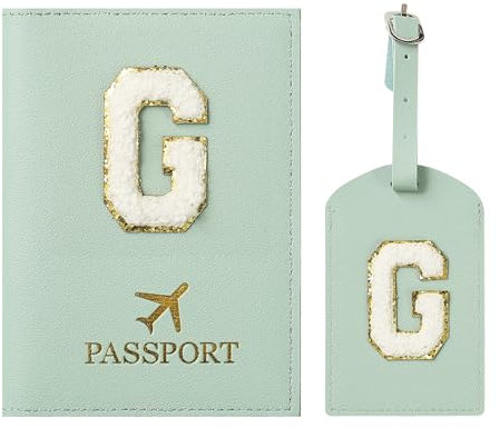ZVRSUA Porta Passaporto Verde ed Etichette per Valigie Cover,Passaporto con Lettere, Pelle PU,Porta Passaporto da Viaggio Donne, Regalo Donna,Uomo,Adolescenti, Ragazze (Verde G)
