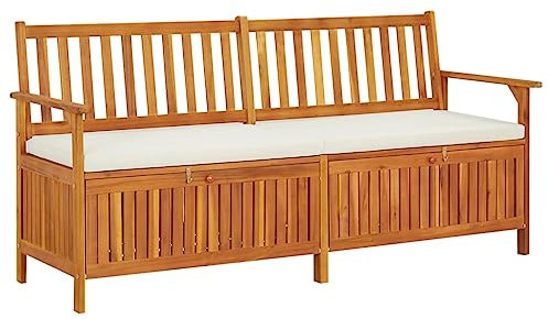 Myheimly Truhenbank mit Kissen Holzbank Sitzbank Holztruhe Bank Aufbewahrung Sitztruhe Massivholzbank Stauraum Gartenbank Massivholz Akazie Braun und Weiß,170 x 63 x 84 cm
