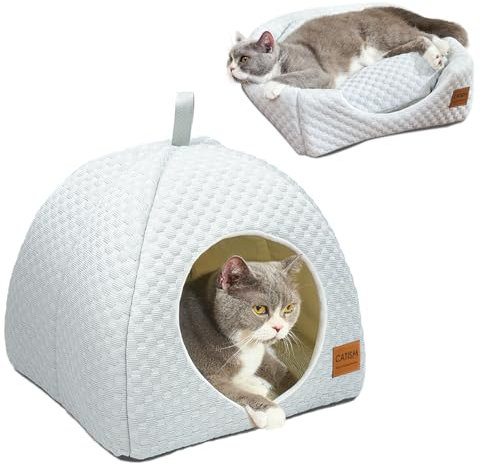 CATISM Katzenhöhle für Indoor-Katzen, 2-in-1 Kühlendes Katzenbett Höhle, Faltbar Katzen Kuschelhöhle mit Waschbar Gepolstertes Kissen, Weiches Katzenhaus für Drinnen, Haustierbett Grauweiß