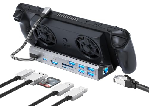 Legion Go/ROG Ally/Steam Deck Dock – 10-in-1 Dockingstation Dual Cool Fans Steam, 4K @ 60Hz, 4 USB-Anschlüsse, SD/TF (U3), 100W PD Ladung, Gigabit Ethernet Fit für Steam Deck