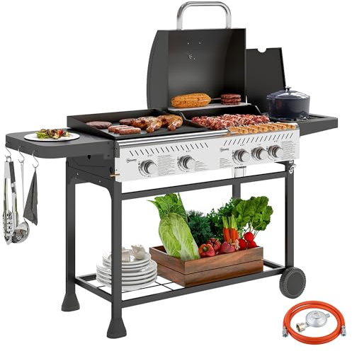 Outsunny Barbecue a Gas in Acciaio, BBQ a Gas a 4+1 Bruciatori da 12kW con Coperchio, Termometro, Ruote, Ripiani Laterali e Inferiori, Regolatore e Tubo, Nero e Argento