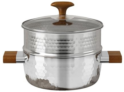 Olla de acero inoxidable con vaporera, olla antiadherente con mango de madera, olla antiadherente tradicional japonesa, olla for salsa de leche con tapa de vidrio for cocinar fideos y sopas(20cm)