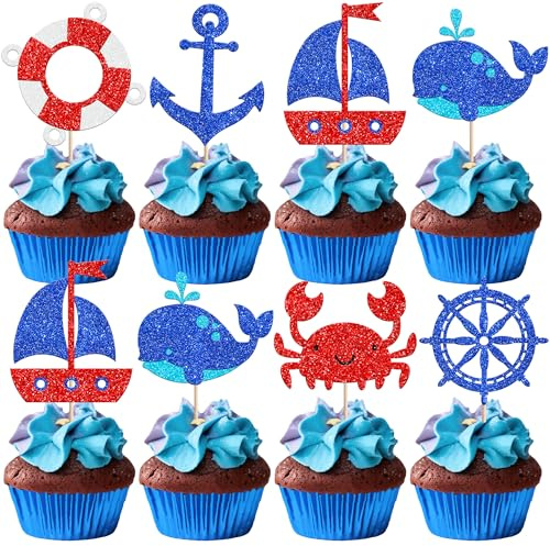 Xsstarmi 24 Pack Nautical Cupcake Toppers Blue Glitter Ocean Sailing Theme Birthday Cupcake Toothpicks for Navy Baby Shower Birthday Party Cake Decorations Supplies