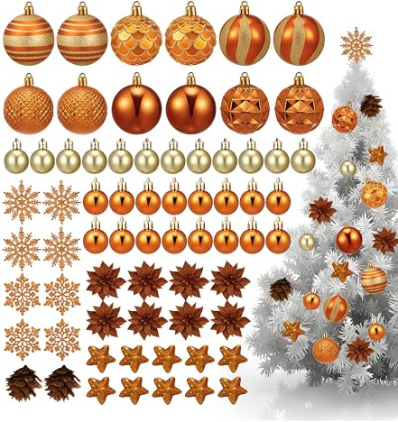 Sinmoe 70 Pezzi Decorazioni per l'Albero di Natale Set di Palline di Natale Confezione Infrangibile Fiocchi di Neve Glitterati Fiori di Stelle di Natale Stella (70 Pezzi, Rame e Oro)