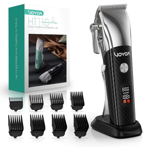 VOYOR Máquina de Cortar Pelo Hombre, Precisión 0.8-3.3 mm Cortapelos Hombre | Cuchillas de Acero Afiladas, Motor Potente, 2 Velocidades, Pantalla LED, 8 Peines Guía, Base de Carga Inalámbrica HT110 Negro