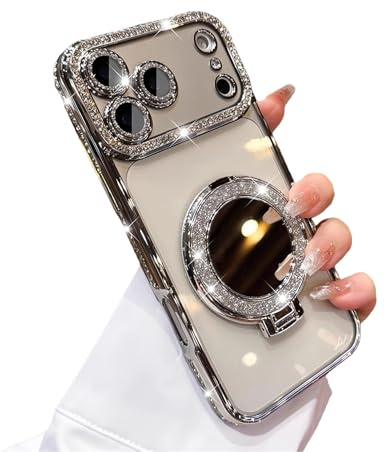 Rokmym Hülle kompatibel mit iPhone 17 Pro Max Transparent Glitzer mit Makeup Spiegel Magnetische Ring Ständer HandyHülle Bling Diamant Soft TPU Bumper Stoßfest Cover für iPhone 17 Pro Max,Silber