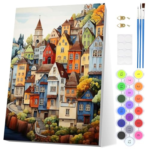 EOBROMD Pintar por Numeros Adultos, Arquitectura Pintura por Numeros con Marco, Paisajes Kit de Pintura al óleo de Lienzo DIY para con Pinceles, Pigmento Acrílico, Decoración para el Hogar 20x30cm