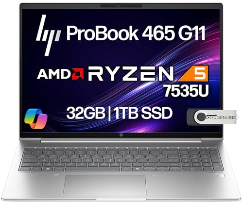 HP ProBook 465 460 G11 Business Laptop 16 FHD+ Display, AMD Ryzen 5 7535U, 32 GB DDR5 RAM, 1 TB NVMe, Wi-Fi 6E, RJ-45, Webcam, tastiera retroilluminata, Win 11 Pro - Pike Silver Plastic