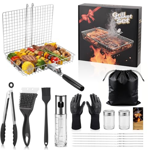 Clheatky Set Panier Grill BBQ 16 Pièces – Acier Inoxydable 304, Set Complet d’Accessoires pour Barbecue – Accessoires Grill Robustes pour Barbecue Extérieur, Camping, Cadeaux Fête des Pères Homme