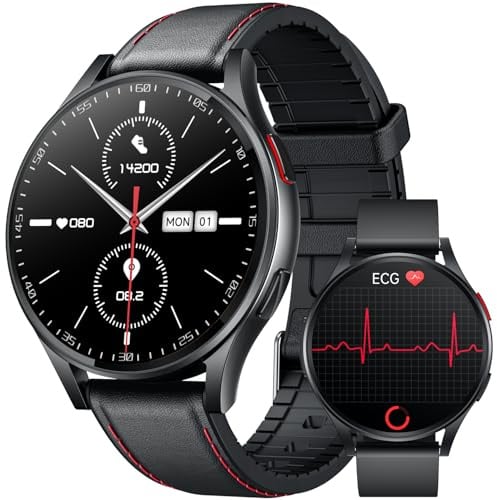 Smartwatch Herren mit EKG 𝐇𝐑𝐕 Blutdruck ΒΙυτｚυcker: Smart Watch Uhr 1,43 Rund AMOLED Schwarz Lederarmband Armbanduhr Wasserdicht Herzfrequenz Schrittzähler Telefonfunktion Fitnessuhr Android iOS