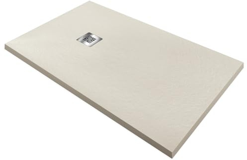Receveur de douche en résine antidérapante | Valve de vidange et grille en acier inoxydable Texture ciment | Couleur beige 160 x 70 cm