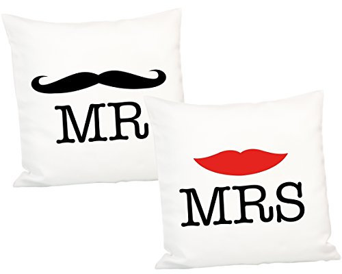 Geschenke 24: Hipster-Kissen Set für Ehepaare (Mr & Mrs (ohne Personalisierung)): Zierkissen Schnurrbart und Kussmund