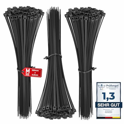 intervisio Bridas de Plastico para Cables 300mm x 4,8mm, Negro, 300 Piezas
