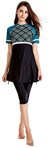 TianMai Heiß Neu Muslimischen Bademode islamisch Frau Kurz Ärmel Blume Bescheiden Badeanzug Strandkleidung Burkini Dame Ausschlag Bewachen Surfen Passen Kostüm (Int'l XL, Schwarz)