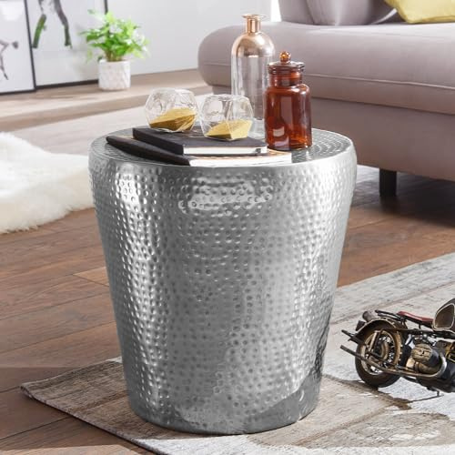 FineBuy Beistelltisch Rund 41x41x41 cm Metall Silber, Wohnzimmertisch klein | Couchtisch in Hammerschlag-Optik, orientalischer Ablagetisch, handgefertigtes Unikat, als Sofatisch und Dekotisch nutzbar