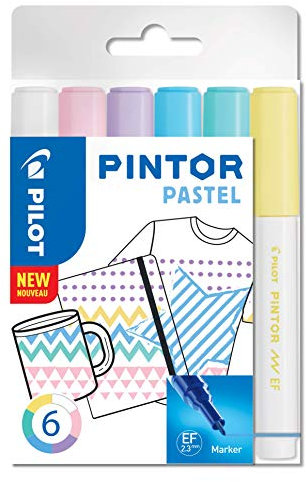 PILOT - Pochette de 6 Pintor - Marqueurs Peinture Multi-Supports à Base d’Eau, Séchage Rapide - Textile, Verre, Bois, Pierre, DIY - Couleurs Assorties Pastel - Pointe Extra Fine