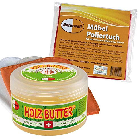 Renuwell Holz-Butter, 250 ml, Intensiv-Pflege für alle Holzarten zur Möbelpflege & Möbel-Poliertuch aus Baumwolle 4-er Set fusselfrei und langlebig, reinigt und poliert Holz, Kunststoff und mehr