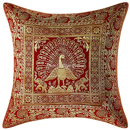 Stylo Culture Bohemien Dekorativ Brokat Seide Couch Kissenbezüge 40x40 cm Rot Dekokissen Jacquard Schlafzimmer Sofa kopfkissenbezug Quadrat Pfau Reißverschluss 16x16 Inch Kissenhullen - 1 STK.