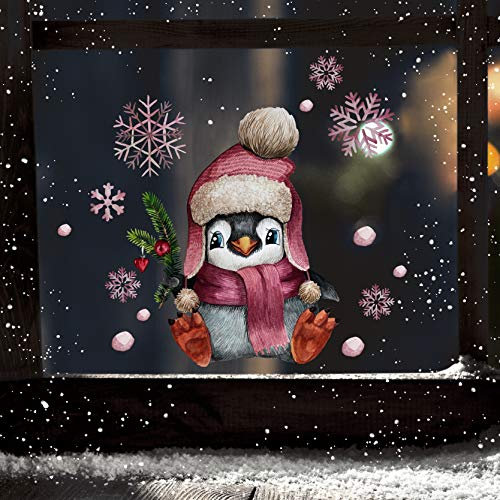 Fensterbilder Weihnachten Fensterbild Pinguin Mütze Schneeflocken wiederverwendbar Fensterdeko Winter Kinder bf89 - ausgewählte Größe: *1. Pinguin Mütze*