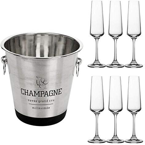 Set of 6 Bohemia Crystal Glass Champagne Flutes 160ml & Stainless Steel Champagne Ice Bucket Set