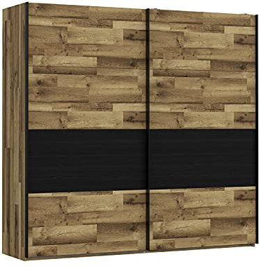 FORTE JAKOBINA Schrank 220, Kleiderschrank, Schwebetürenschrank Industrial Schlafzimmer 2-türig, Dunkel Holzdekor: Stabeiche / Schwarz Eiche, 220 cm breit x 210.5 cm hoch x 61 cm tief