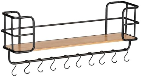 WENKO Wandregal Loft, modernes Regal mit nachhaltigem Bambusboden & stabilem Stahlrohr-Rahmen, Cooles Industrial Design für Küche, Bad und Co. mit 10 S-Haken, 79 x 28 x 19,5 cm, Schwarz matt/Natur