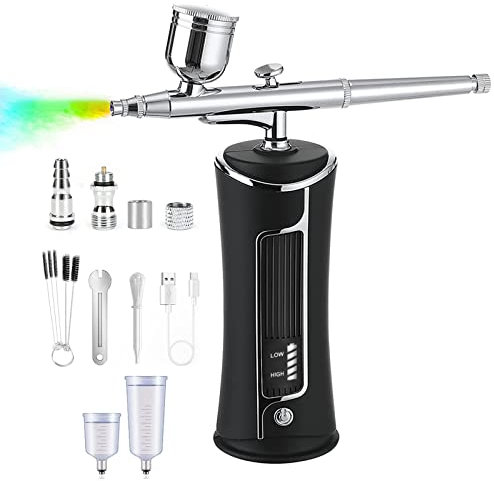 Airbrush Kit with Compressor, longziming Portable Handheld Airbrush Gun Paint Spray, 1200mAn, 180KPA, Rechargeable, Power Display, for Art Hobby,Makeup,Nail Art,Cake Decoration (Black)