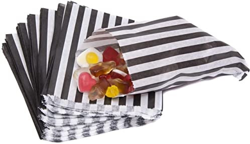 5 x 7 Black Candy Striped Sweet Paper Bags | Pack of 50 | Wedding Buffet Favour Cake Gift Pick n Mix Shop