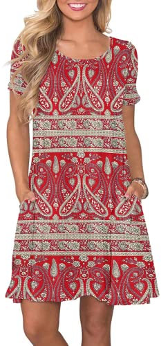 AUSELILY Vestidos Verano Mujer Vestido T-Shirt Casual Manga Corta con Bolsillos Flor Boho Roja 2XL