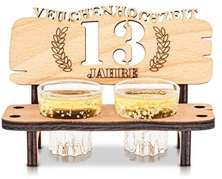 DARO Design - Schnapsbank 13. Hochzeitstag Veilchenhochzeit Geschenk Deko für Paare Männer Frauen aus Holz mit Gläsern