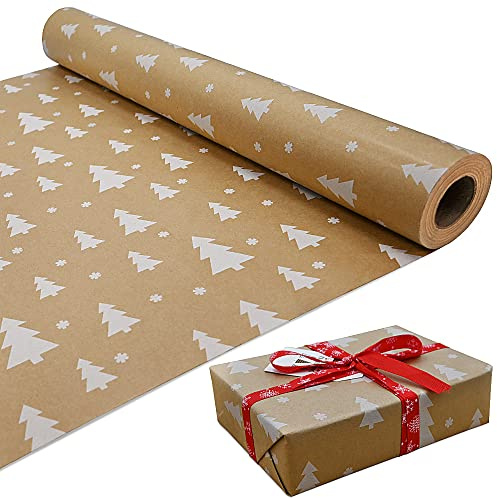 Rouleau de papier cadeau Kraft écologique 100 % recyclable - pour les cadeaux d’anniversaires, les fêtes et les décorations de Noël - Motif de sapins blancs - 15 m x 44 cm