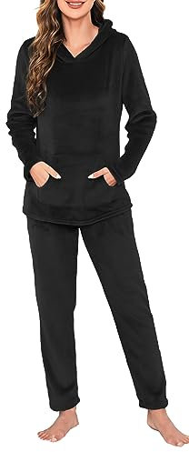 Vlazom Pigiama Donna,Pigiama Manica Lunga Pantaloni Pigiama Donna Flanella Pigiama Donna Pile Invernale,M,A-Nero