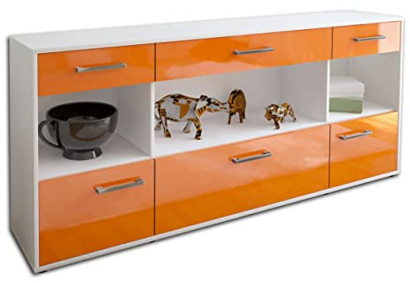Lqliving Kommode Sideboard Fabiana, Korpus in Weiss matt, Front im Hochglanz-Design Orange (180x79x35cm), inkl. Metall Griffen, Made in Germany