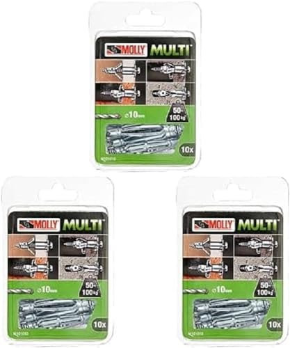 Molly M101010-XJ Molly Multi Chevilles métal avec vis agglo, Gris, Set de 10 Pièces, Paquet de 3
