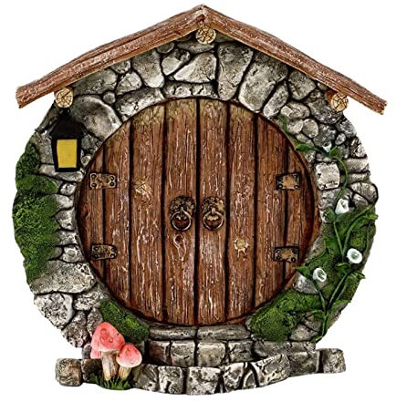 Fee Zwerg Home Miniatur Fenster und Tür, 2D Fee Garten Tür Zubehör Hof Kunst Garten Skulptur Bäume Dekoration, Charmante runde Tür