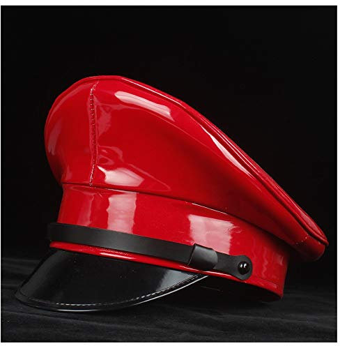 Fashion Hat Daily Unisex Damen Herren Leder Militär Hut Ledermütze Armeehut Cortical Polizei Cap Halloween-Hut (Color : rot, Size : 57cm)