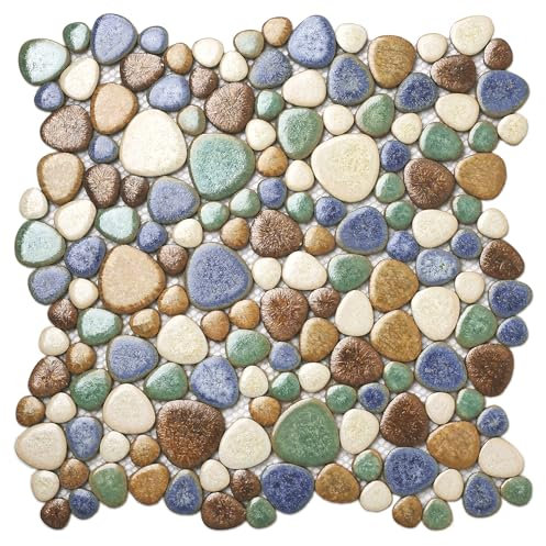 Parrotile PT83 Keramik-Kieselsteine für Dusche, Boden, Badezimmer, Fliesenspiegel, 30,5 x 30,5 cm, Mosaik-Kunstfliesen, Netz, montiert, Blau, Grün, Beige, Kieselsteinmosaik, PT83 (Box mit 5 Bögen)