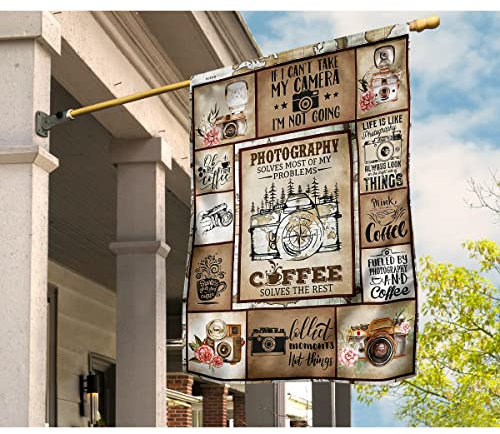 Hofdekorationen, Fotografie, Vintage-Kamera, Kaffee, löst den Rest, Outdoor-Banner, Gartenflagge für Paraden, Outdoor, Weihnachten, 32 x 48 cm