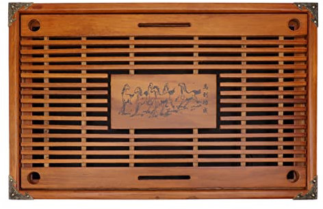 Bandeja de Té Simple, Mesa de Té de Madera de Roble Chino, Bandeja China Tipo Cajón con Bola de Drenaje Y Manguera de Agua, Juego de Mesa de Té Gongfu de Gran Capacidad para el Hogar,(Azafrán)