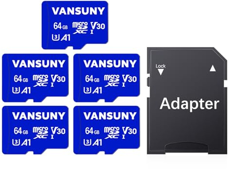 Vansuny Lot de 5 cartes mémoire micro SDXC 64 Go avec adaptateur SD A1 App Performance V30 4K Enregistrement vidéo C10 U3 Micro SD pour téléphone, caméra de sécurité, caméra embarquée, caméra d'action