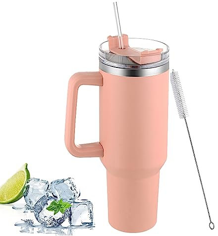 40 oz Tazza isolata con paglia e coperchio della maniglia, Tazza riutilizzabile dell'automobile dell'acciaio inossidabile Tumbler portatile per auto a doppia parete per Bevande fredde e calde (Rosa)